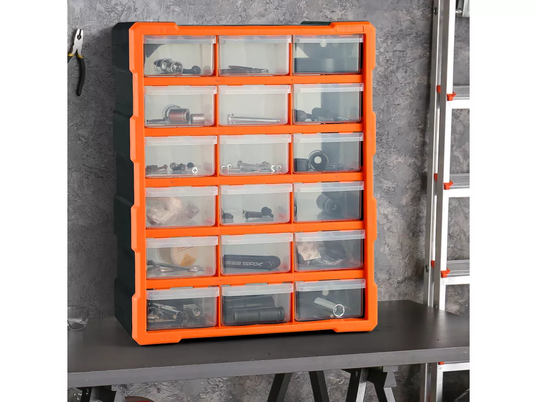 Boîte à outils de rangement, 18 tiroirs extensible en plastique, 38x16x46.5cm, Orange