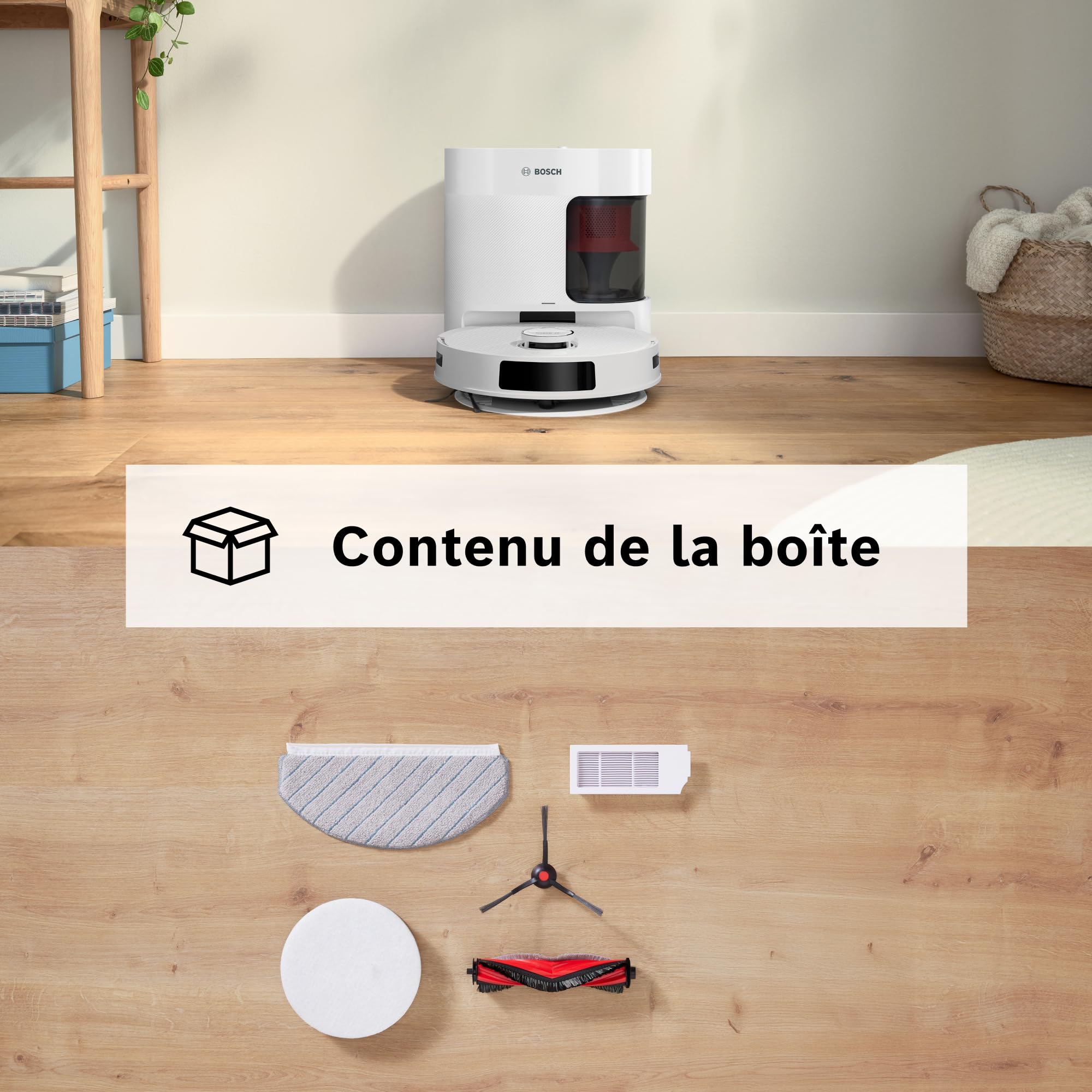 Bosch Spotless + BCRD1W Robot aspirateur-Laveur, 11 000 Pa, serpillère Statique, Station de Service, Navigation Smart Vision Infrarouge, Application H