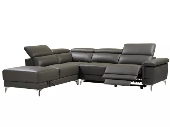 Canapé d'angle gauche relax électrique en cuir gris anthracite PASCALINE