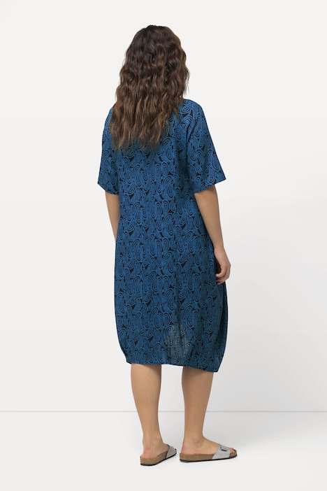 Kleid, Leinenmix, Bogensaum, V-Ausschnitt, Halbarm