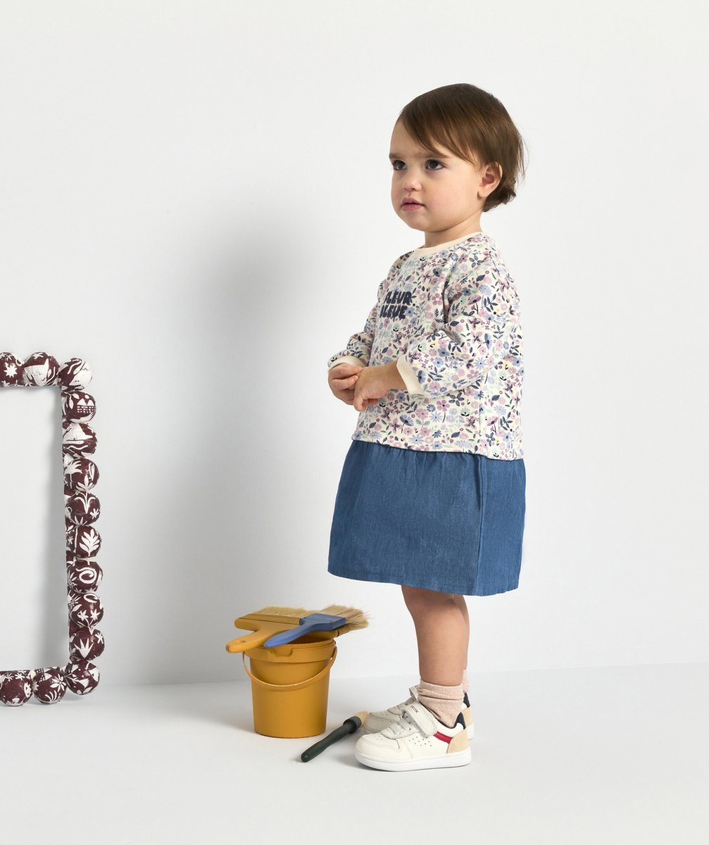 ROBE BÉBÉ FILLE EN BI-MATIÈRE DENIM ET IMPRIMÉE FLEURI