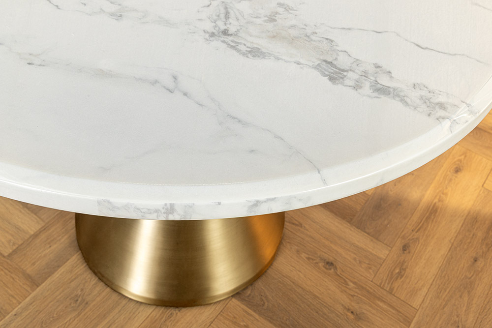 Runder Esstisch ELEGANCIA 130cm weiß Marmor gold Metall mit Säulenfuß