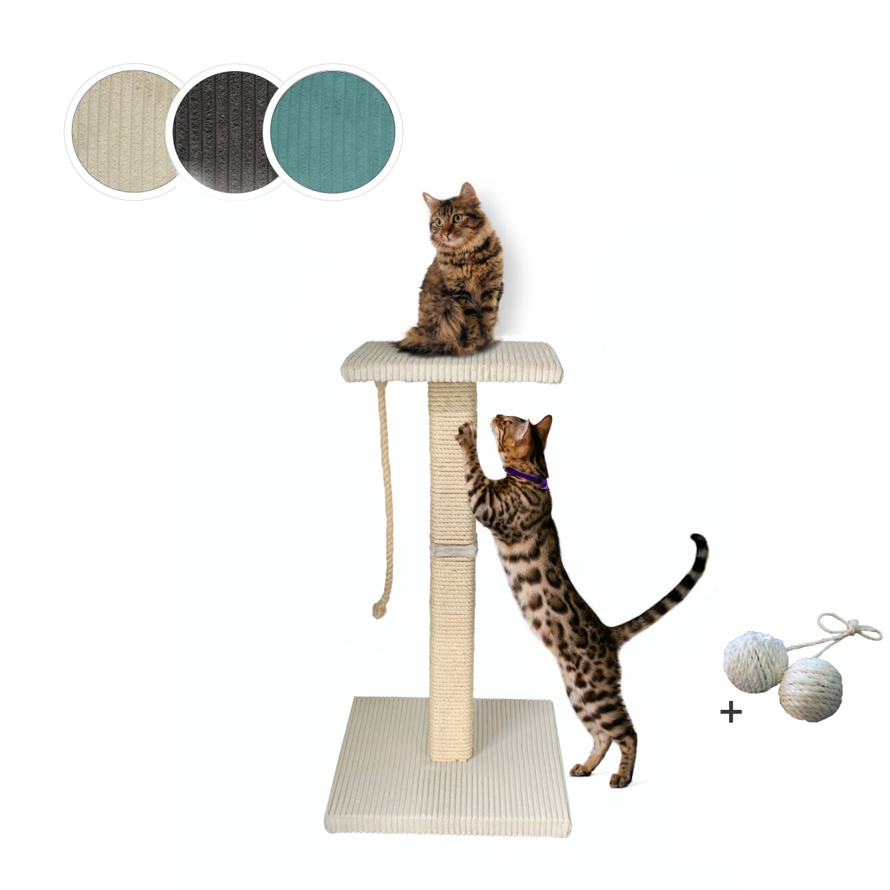 Rohrschneider ® Katzenbaum Emmi mit Vollholz-Holm und Gratis-Beigabe beige 45 cm, 77 cm, 45 cm