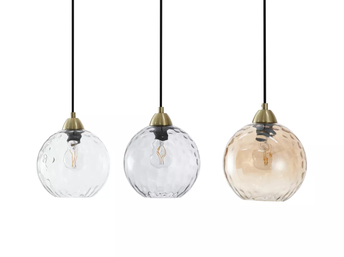 Lustre en métal et verre fumé - 3 globes - L. 80 x H. 120 x P. 20 cm - Doré - SUSANNE
