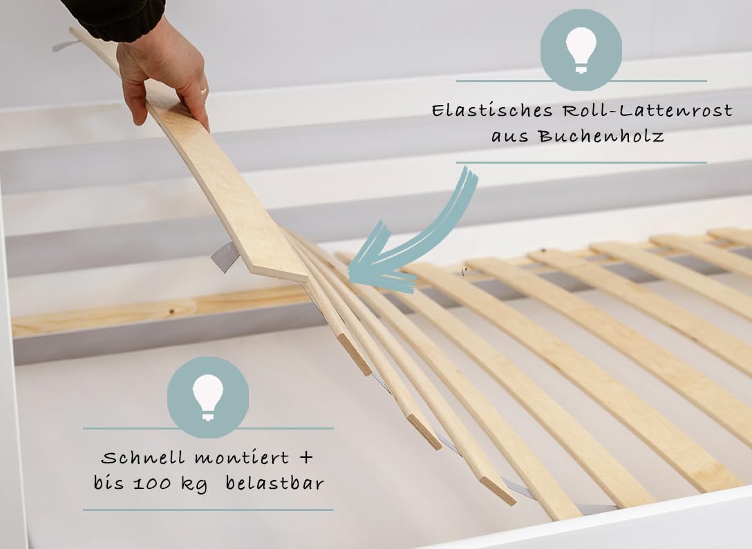 Hochbett 90x200 cm mit 2 Schubladen Etagenbett mit Rausfallschutz und Lattenrost, umbaubar in Zwei Kinderbetten, aus Vollholz massiv in weiß, Funktionsbett Kinderbett
