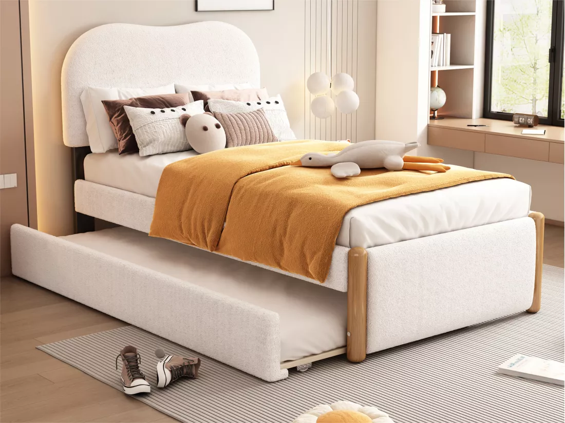 Lit rembourré en peluche 90x200cm - avec lit gigogne coulissant 90x190cm - avec sommier à lattes en MDF - Blanc