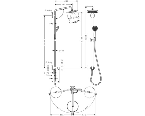 Douchekolom incl. omstelling hansgrohe Croma Showerpipe 220 1jet Reno chroom 27224000