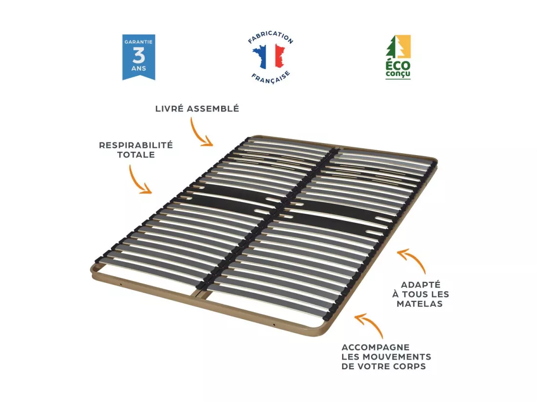 Sommier à lattes + pieds 90x190 C322 - 22 lattes bois - Fabrication française
