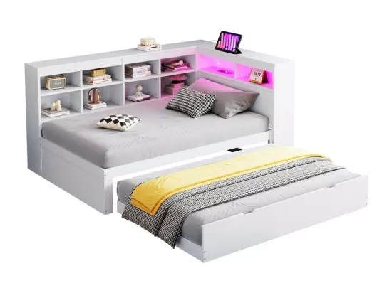 Canapé-lit en bois massif 90x200 cm - avec lit gigogne - avec prise USB + et éclairage LED - avec compartiment de rangement - blanc (sans matelas)