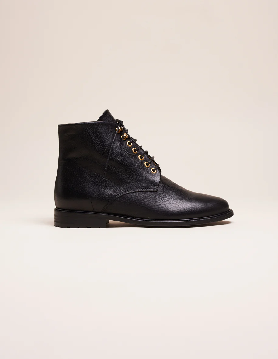 Bottines à lacets Lucienne - Cuir Grainé Noir œillets