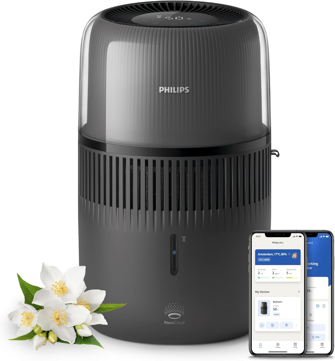 Philips 5000 Series Smart Verdunstungsbefeuchter für 45m², 12dB Ultra-leise, Schlafmodus, 99% weniger Bakterien mit NanoCloud, 300 ml/h, 4,5L Tank, Feuchtigkeitssensor, Timer, Schwarz (HU5600/03)