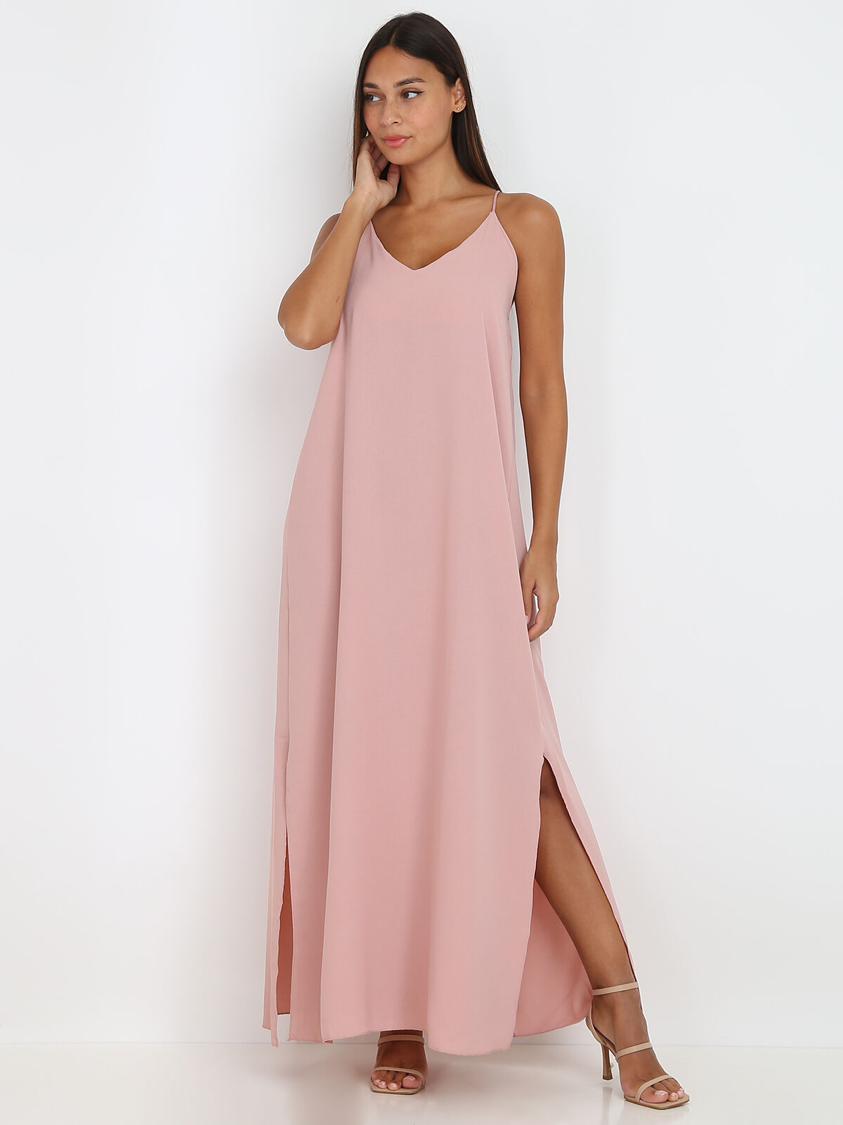 Robe longue fendue à dos croisé- Vieux rose