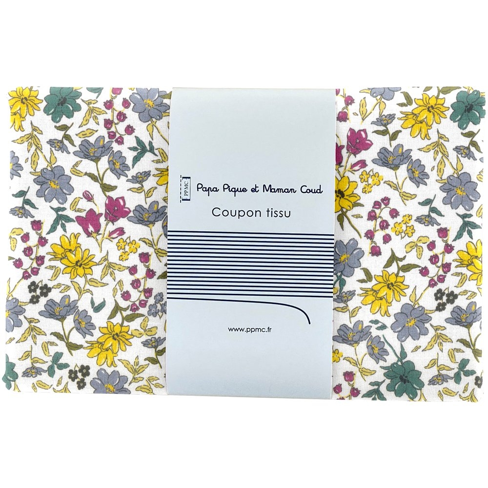 Coupon Tissu 1 M Fleuri Jaune Gris Crème Ex1059