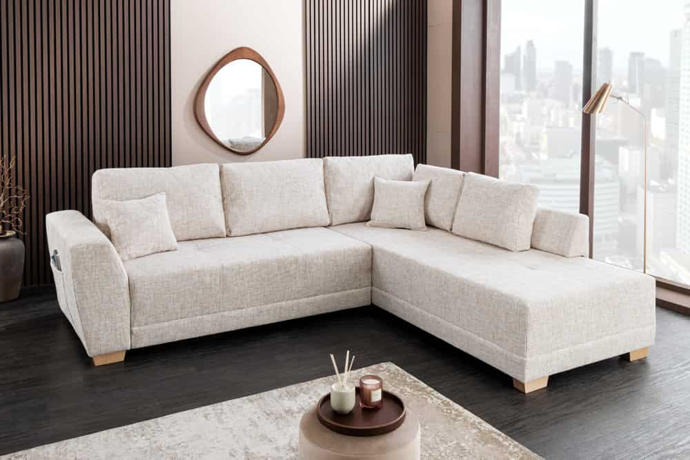 Modernes Ecksofa NORWAY 250cm beige Chenille Schlafsofa mit Stauraum inkl. Kissen