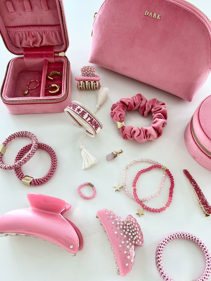 DARK Velvet Jewellery Box Round Geranium Pink