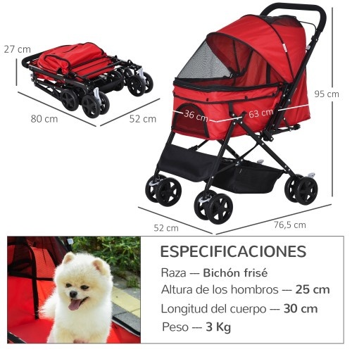 Carrinho de passeio dobrável vermelho para animais de estimação PawHut