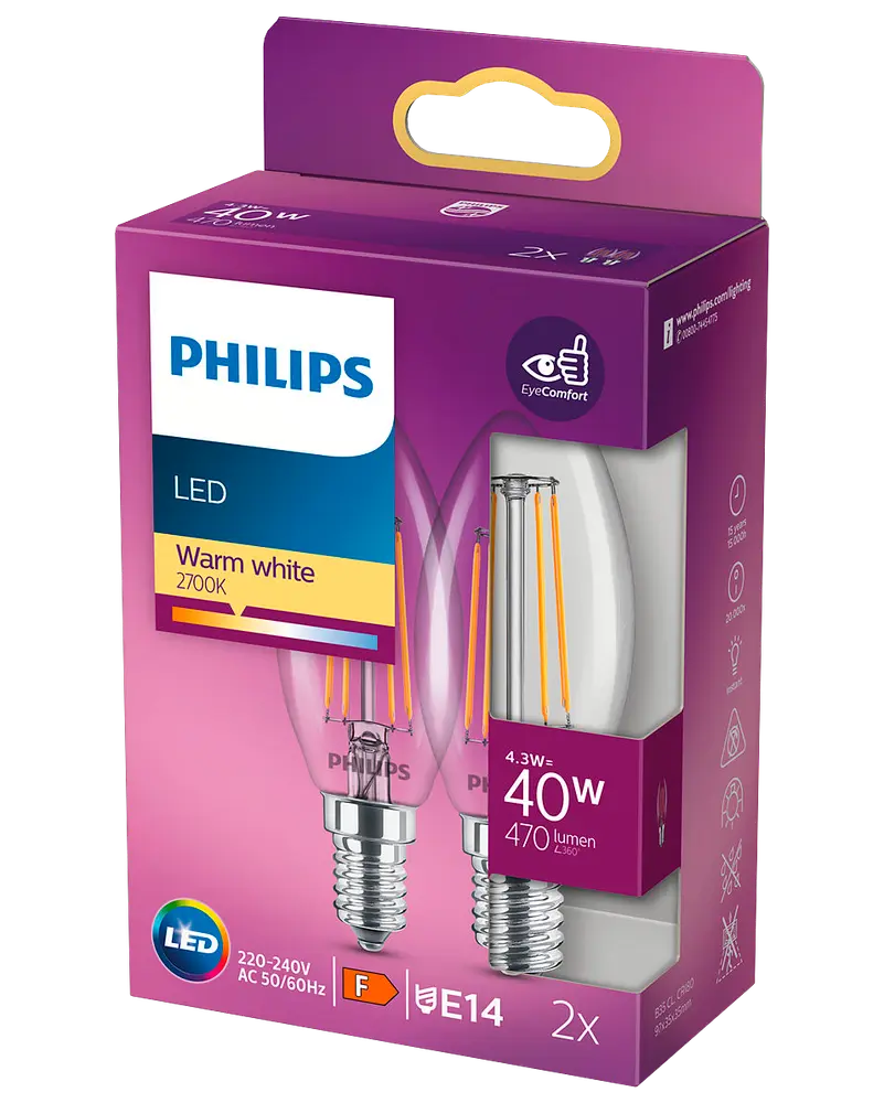 PHILIPS LED-filamentpære 4,3W E14 2-pak