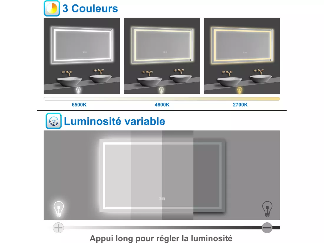 Miroir lumineux avec Bluetooth 120x70cm, Miroir de salle de bain avec anti-buée + 3 Couleurs + Dimmable, Miroir mural IP44 rectangulaire