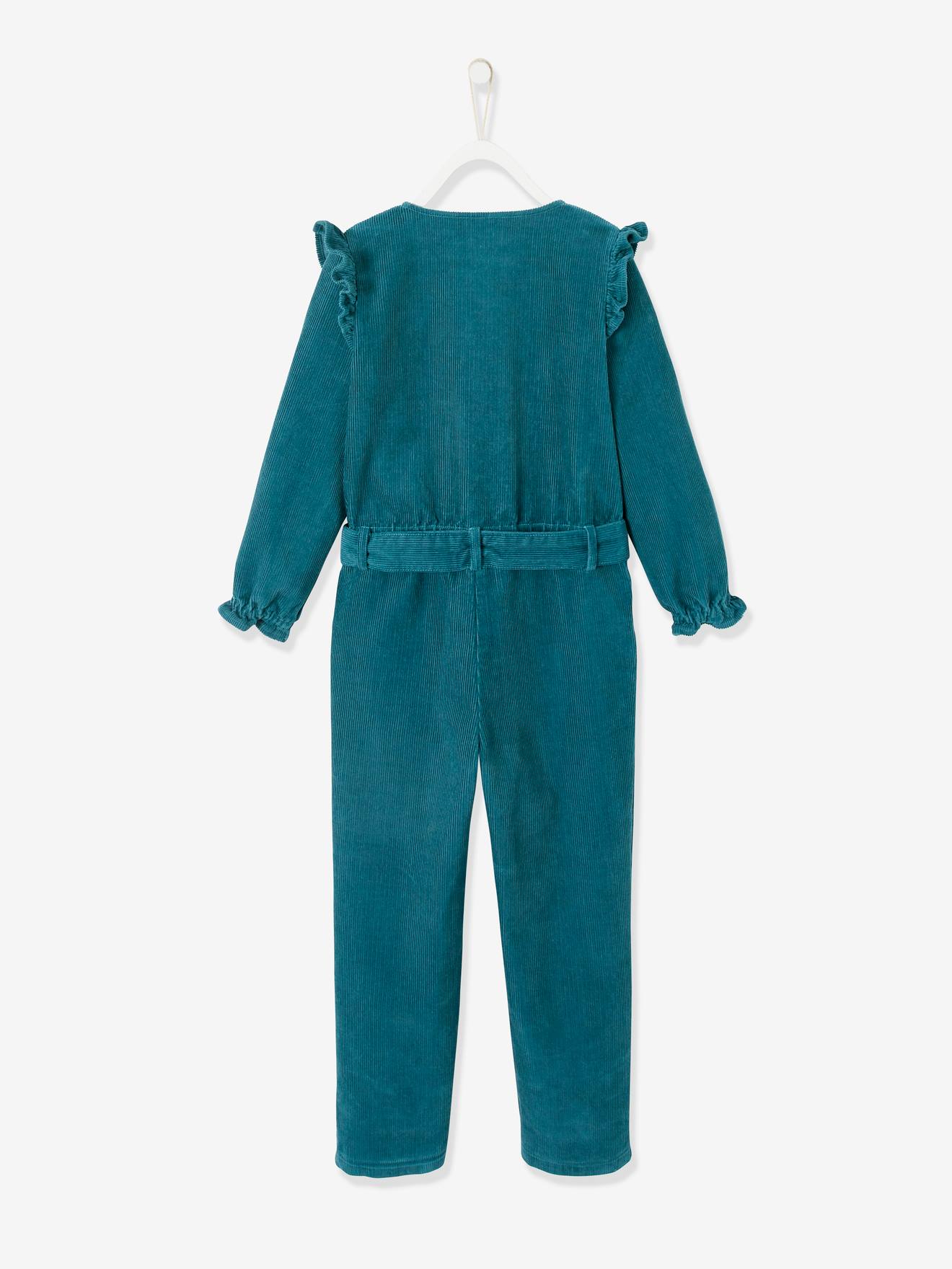 Macacão de veludo cotelê com babados, para meninas, verde escuro liso