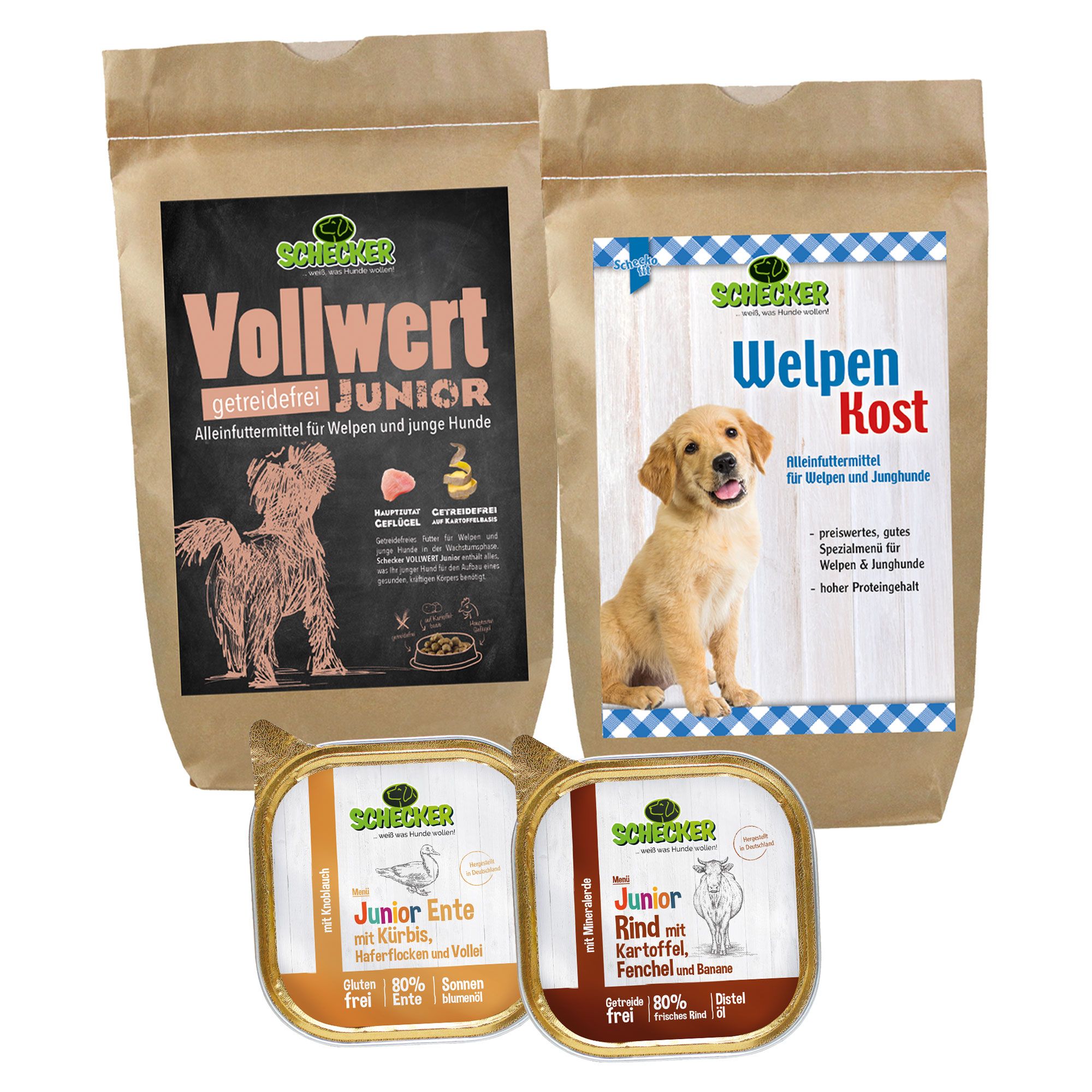 Schecker Hundefutter - Testpaket für Welpen - Trocken- &  Nassfutter