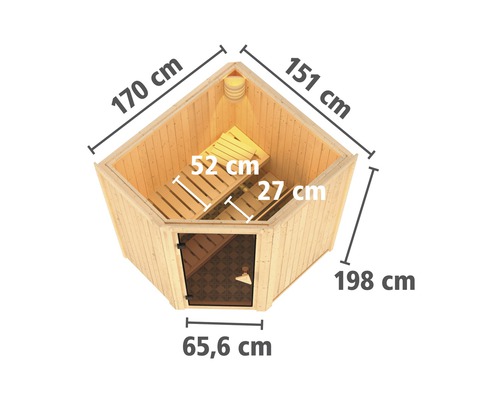 Karibu Maurin modulaire sauna zonder oven en dakkroon, met volledig glazen deur van helder glas