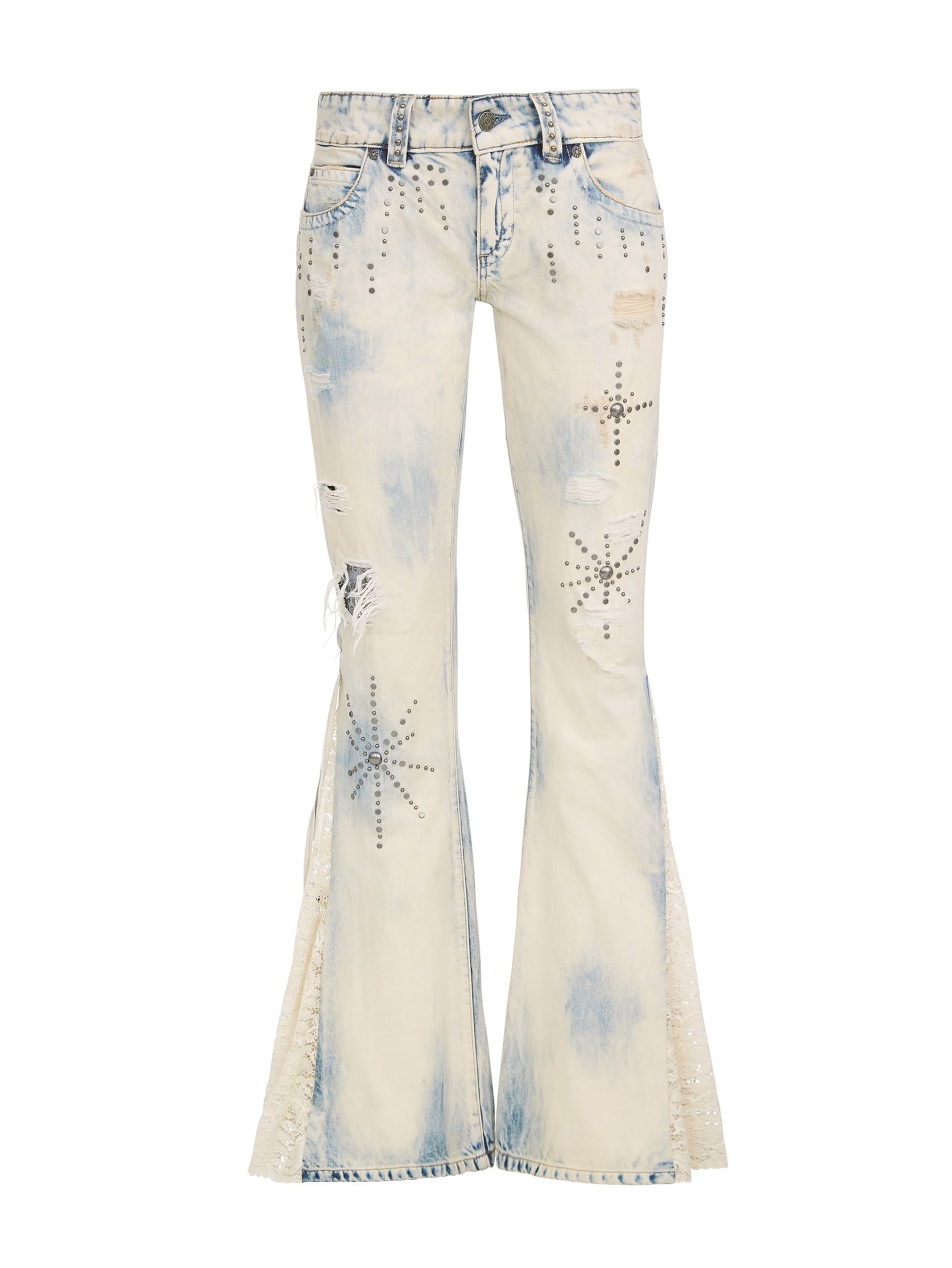 calça jeans flare com renda