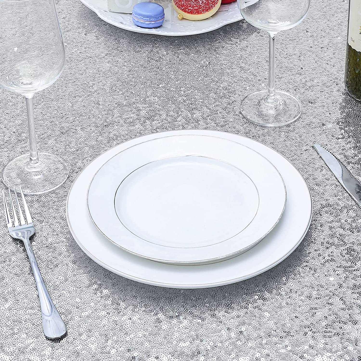 (Ø100cm) Glitzer Tischdecke Party Dekoration Pailletten Tisch Tuch - Silber