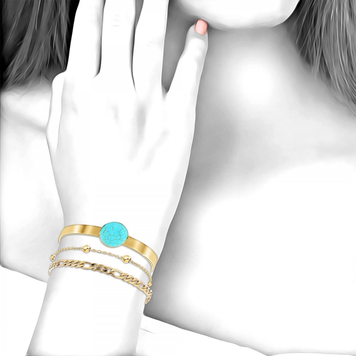 Lot de 3 bracelets SC Bohème en Laiton Finement doré orné d'une pierre naturelle Turquoise