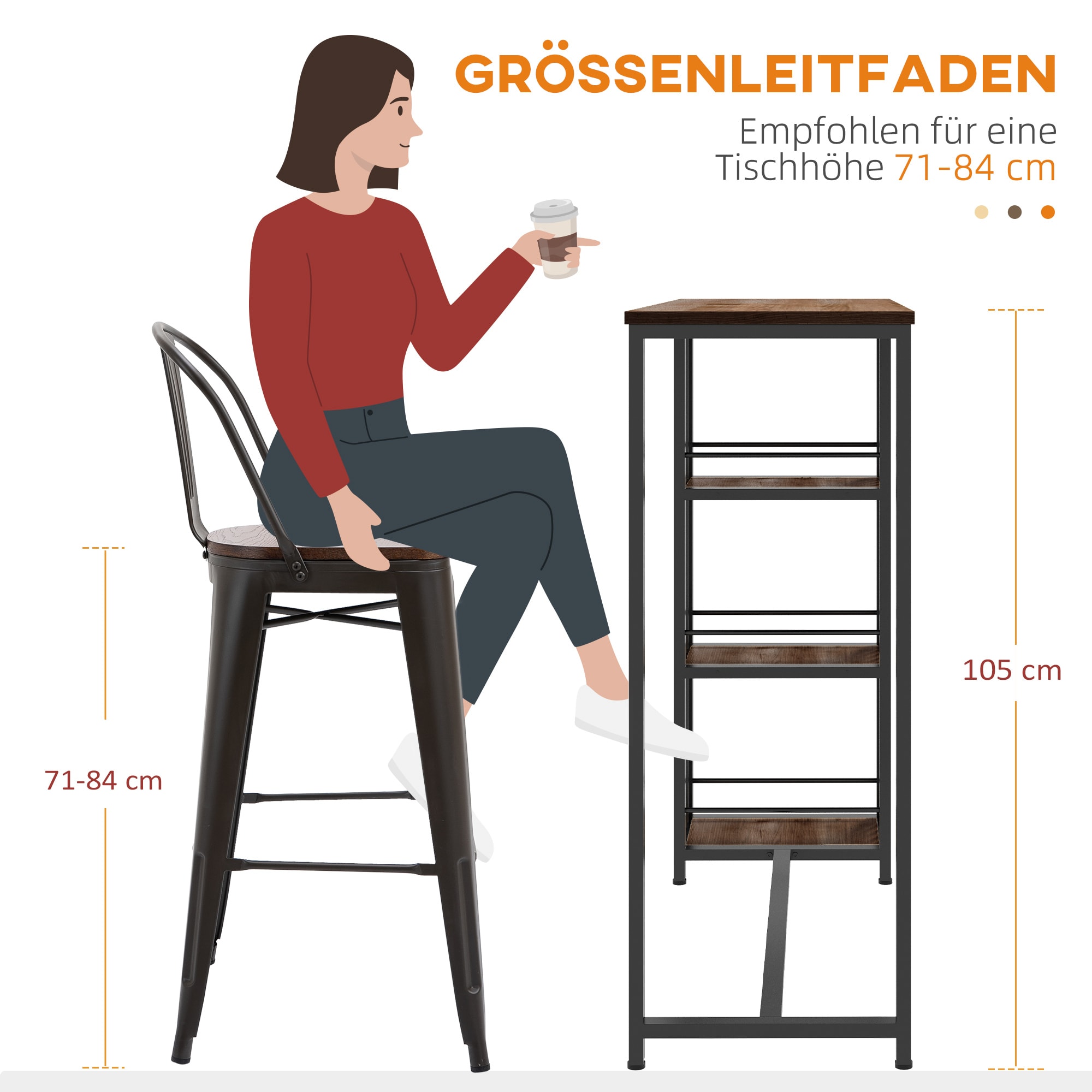 HOMCOM Bartisch mit 3 Ablagefächern braun 120L x 40B x 105H cm
