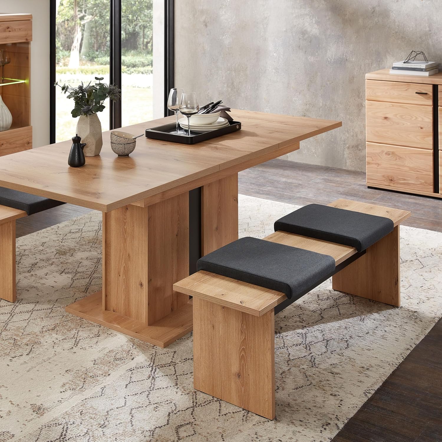 Sitzbank in Old Artisan Oak Optik FSC-zertifiziert, Schwarz - Moderne Esszimmerbank für Ihren Wohn- & Essbereich - 135 x 45 x 43 cm (B/H/T)