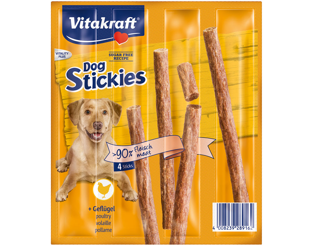 SNACKS PARA CÃO VITAKRAFT DOG STICKIES COM AVES PACK 4 UNIDADES