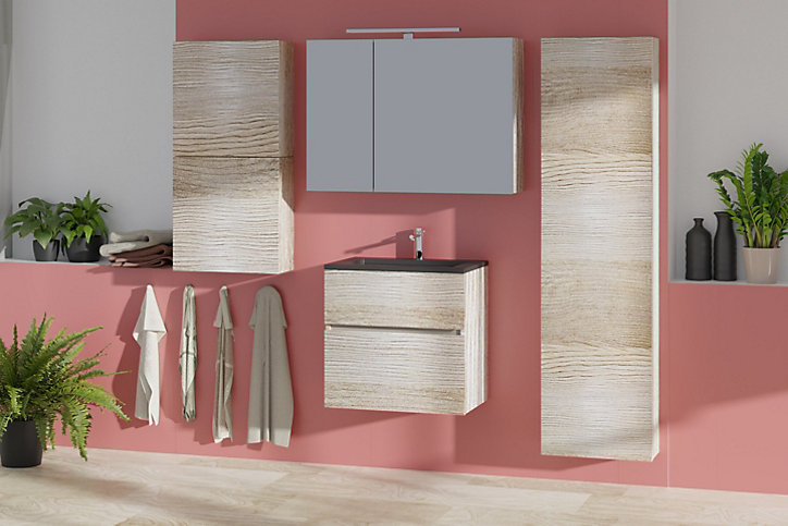 Miroir de salle de bains lumineux LED aspect chêne clair 90 cm, Calao