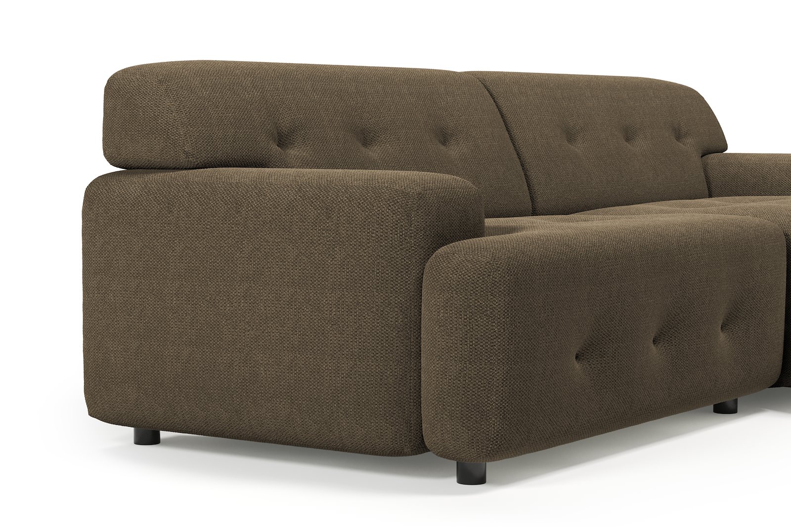 Bob sofa 1,5-seter med sjeselong høyre. Tekstil Mito 176 Dark Brown med sorte ben.