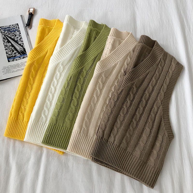 DIYI - Effen kabelgebreid vest met V-hals