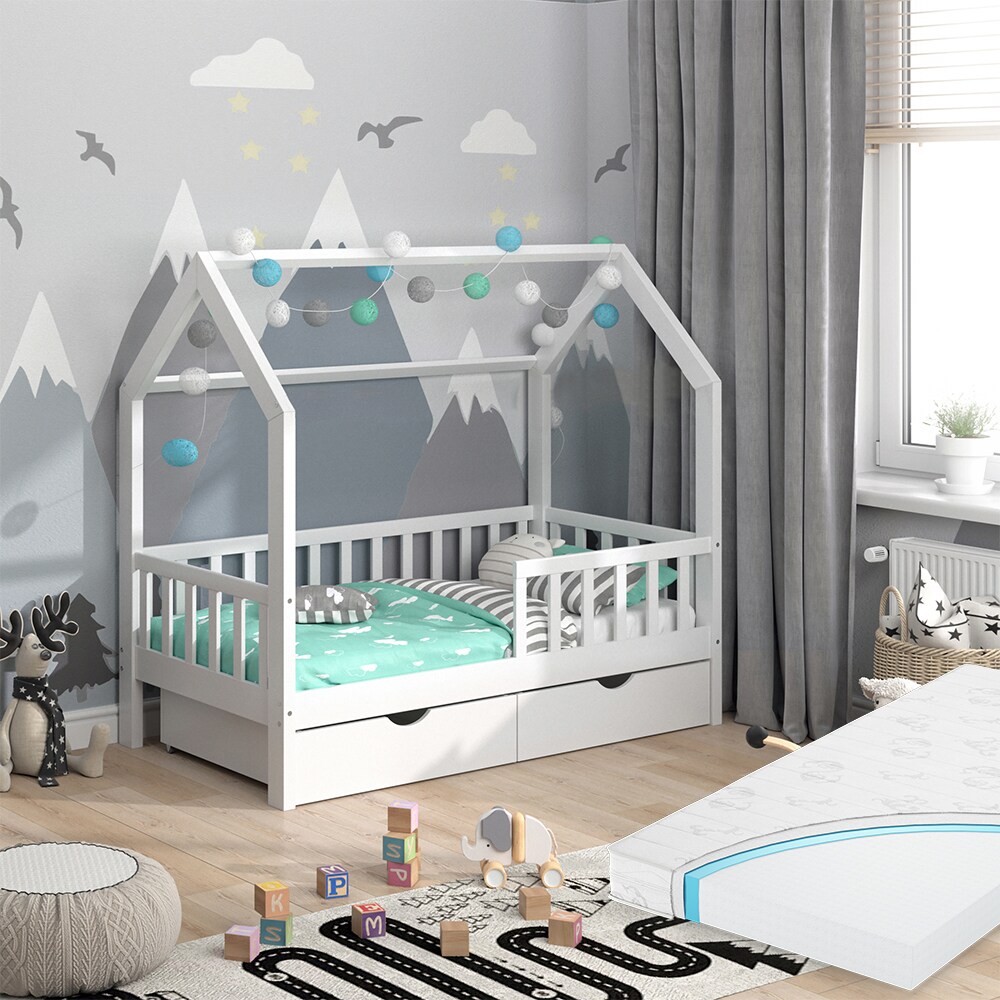 VitaliSpa Kinderbett Hausbett Gästebett Wiki Weiß 80x160cm Schublade Matratze