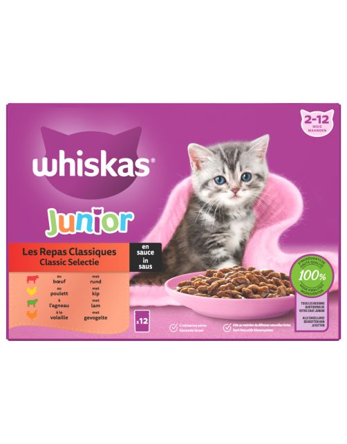Whiskas Junior Classic Selectie In Saus Maaltijdzakjes Multipack - Kattenvoer - 12x85 g