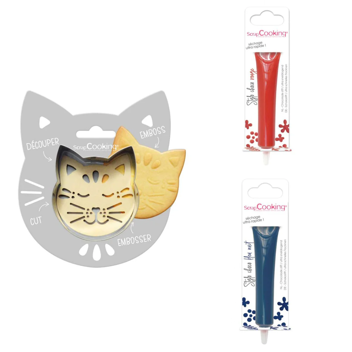 Kit pour biscuit en relief Chat + 2 Stylos au chocolat rouge et bleu n