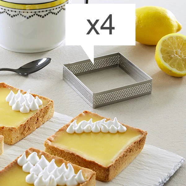 Lot 4 cercles à tarte perforés en inox carré 8 cm Mathon