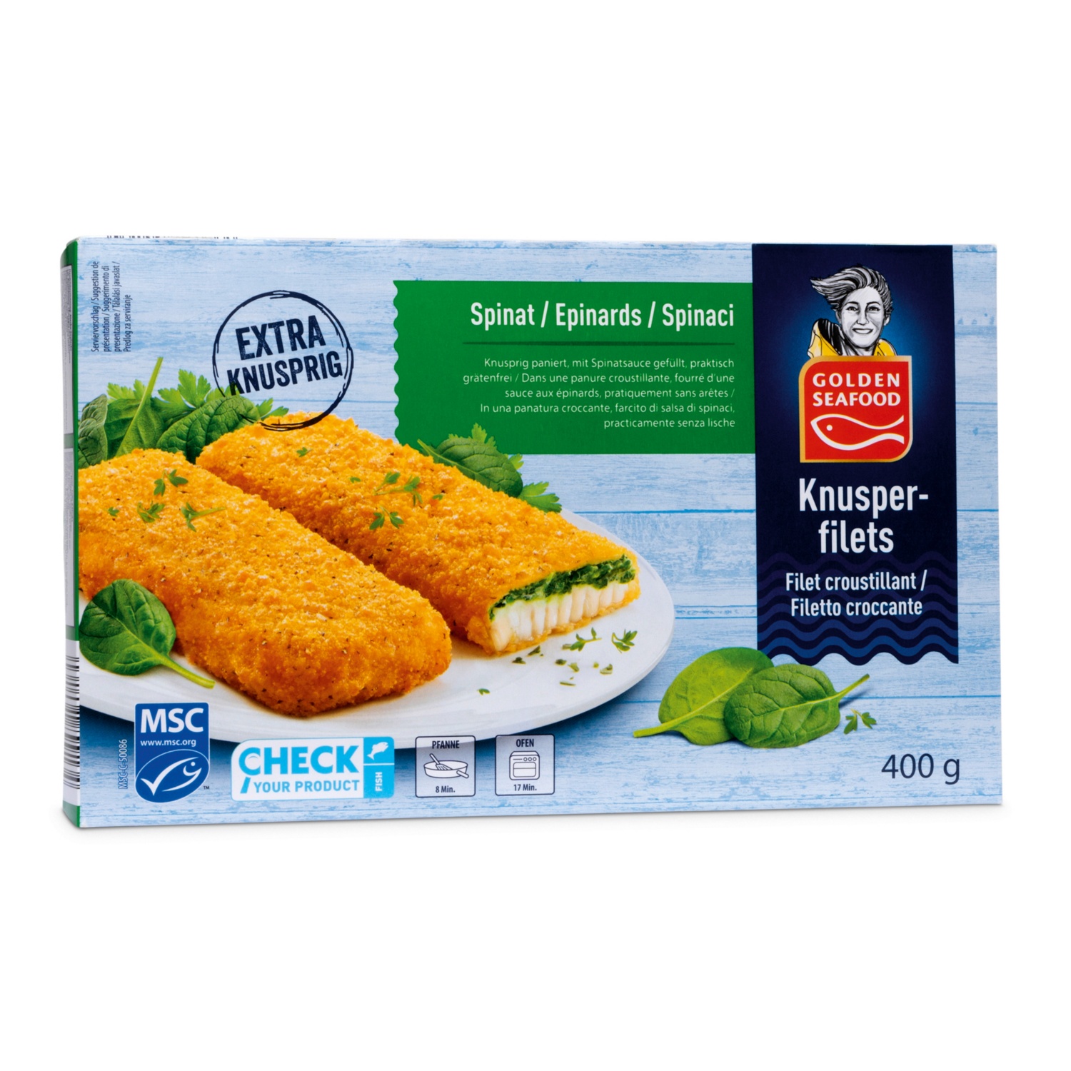 GOLDEN SEAFOOD Knusperfilets, Spinat 400 g