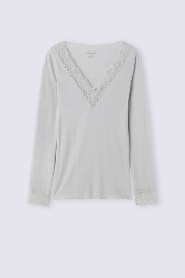Camiseta de manga comprida em renda, modal e cashmere ultraleve.