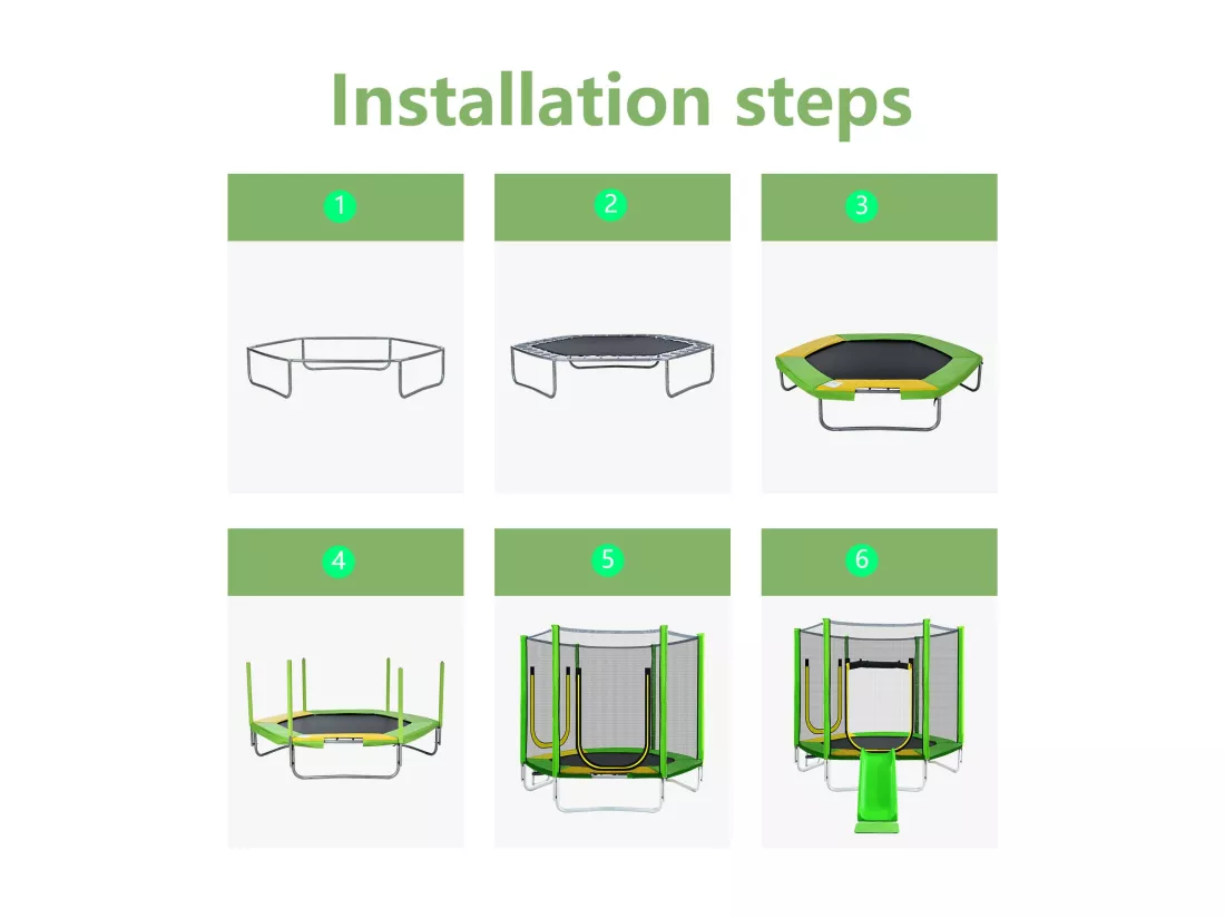Trampoline de jardin extérieur certifié TÜV Rheinland - comprenant toboggan, filet de sécurité et accessoires - adapté aux enfants de plus de 3 ans - Vert