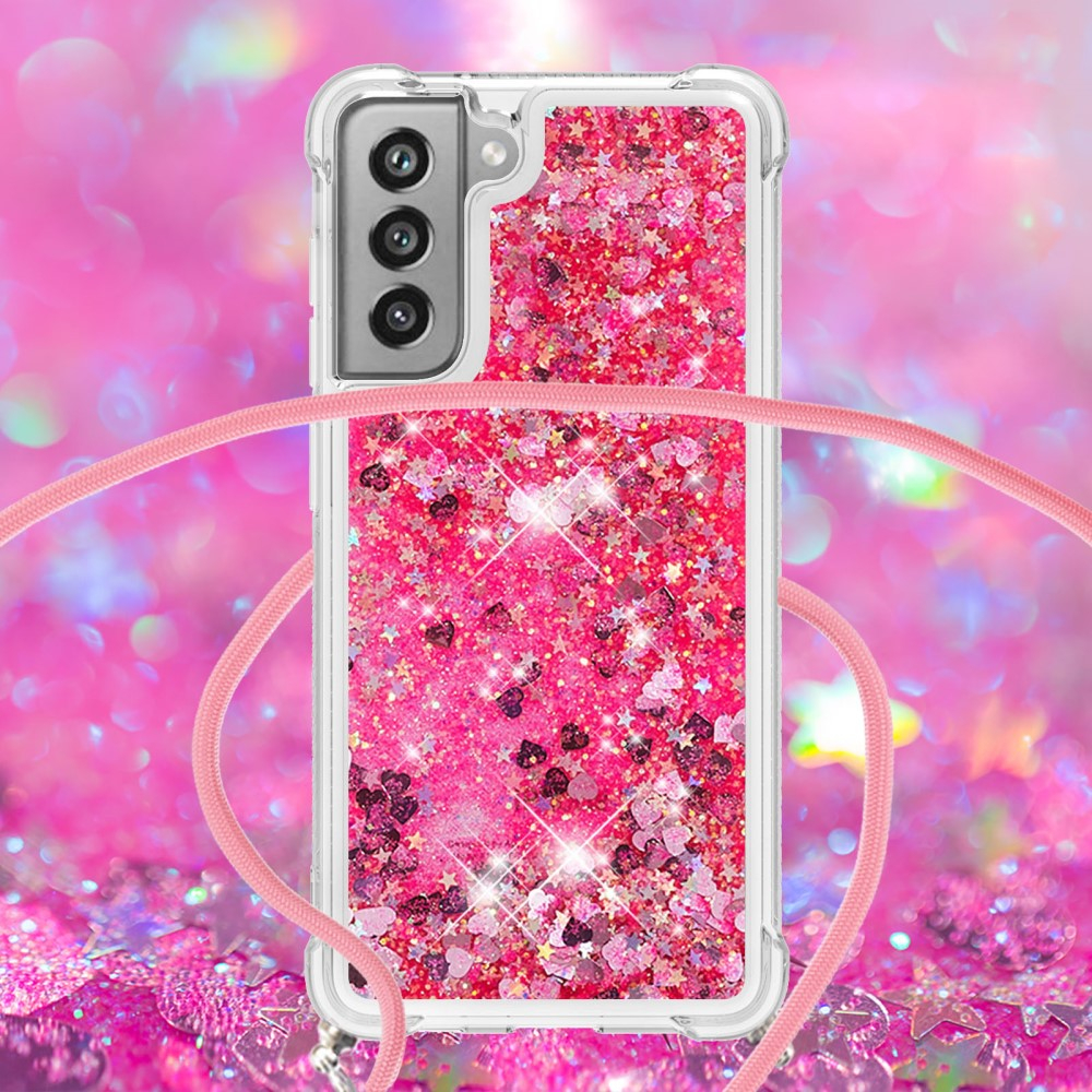 Samsung Galaxy S21 FE 5G Necklace Gummi Hülle Liquid Glitzer   Handykette (130cm) - Pink / Silber