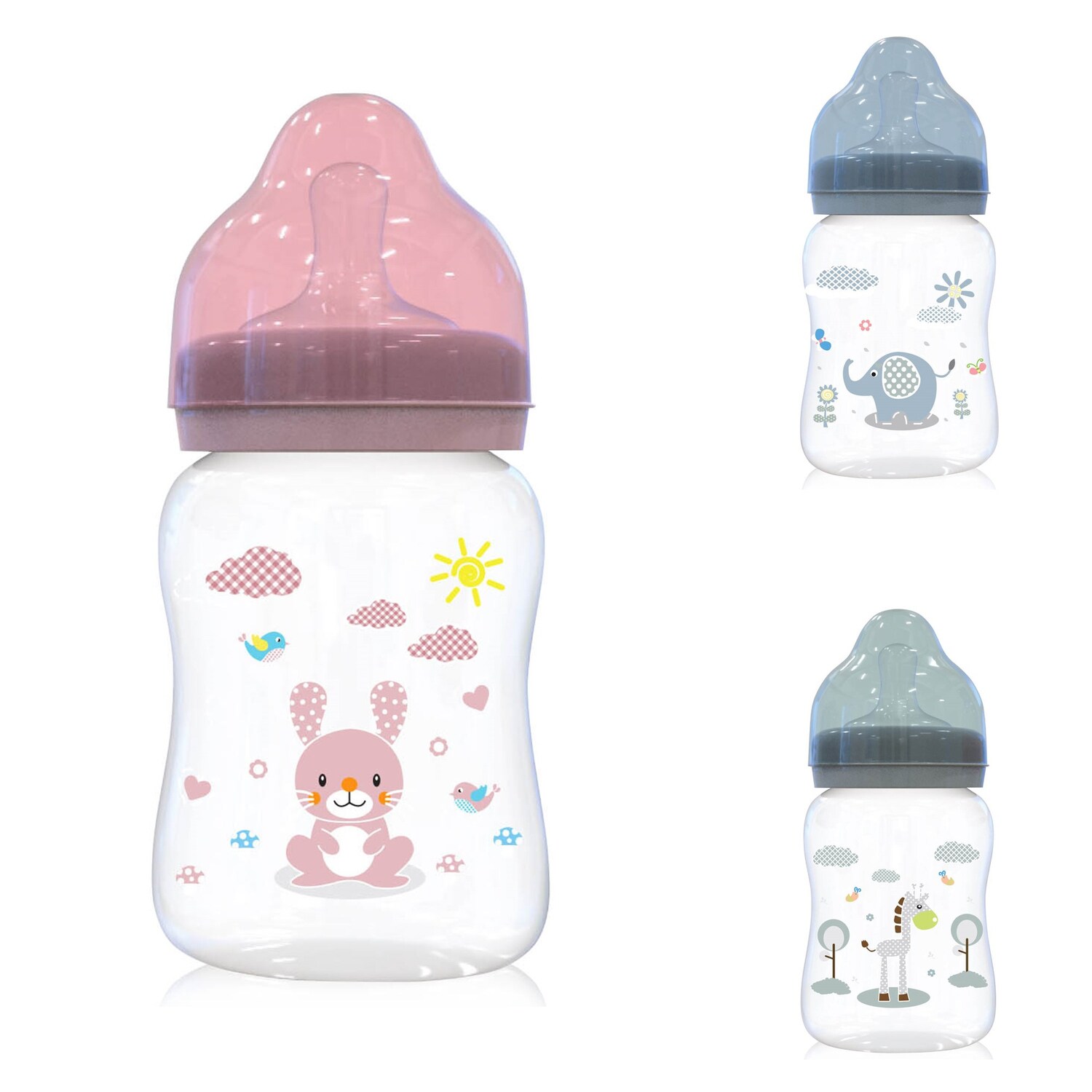Baby Care Baby-Weithalsflasche 250 ml Tiere, Sauger Größe 0+, Deckel, ab Geburt rosa