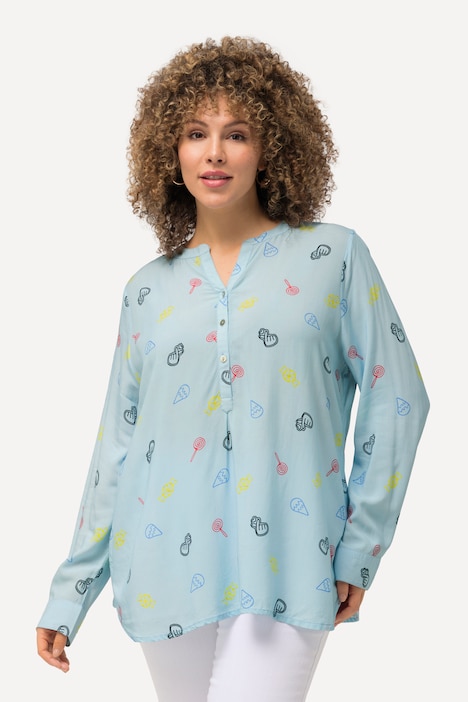 Bluse, Comic-Druck, Stehkragen, V-Ausschnitt, Langarm