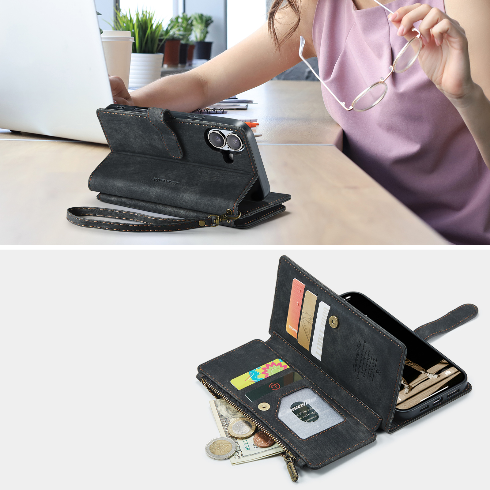 iPhone 17 2in1 Leder Tasche Karten Etui - Schwarz