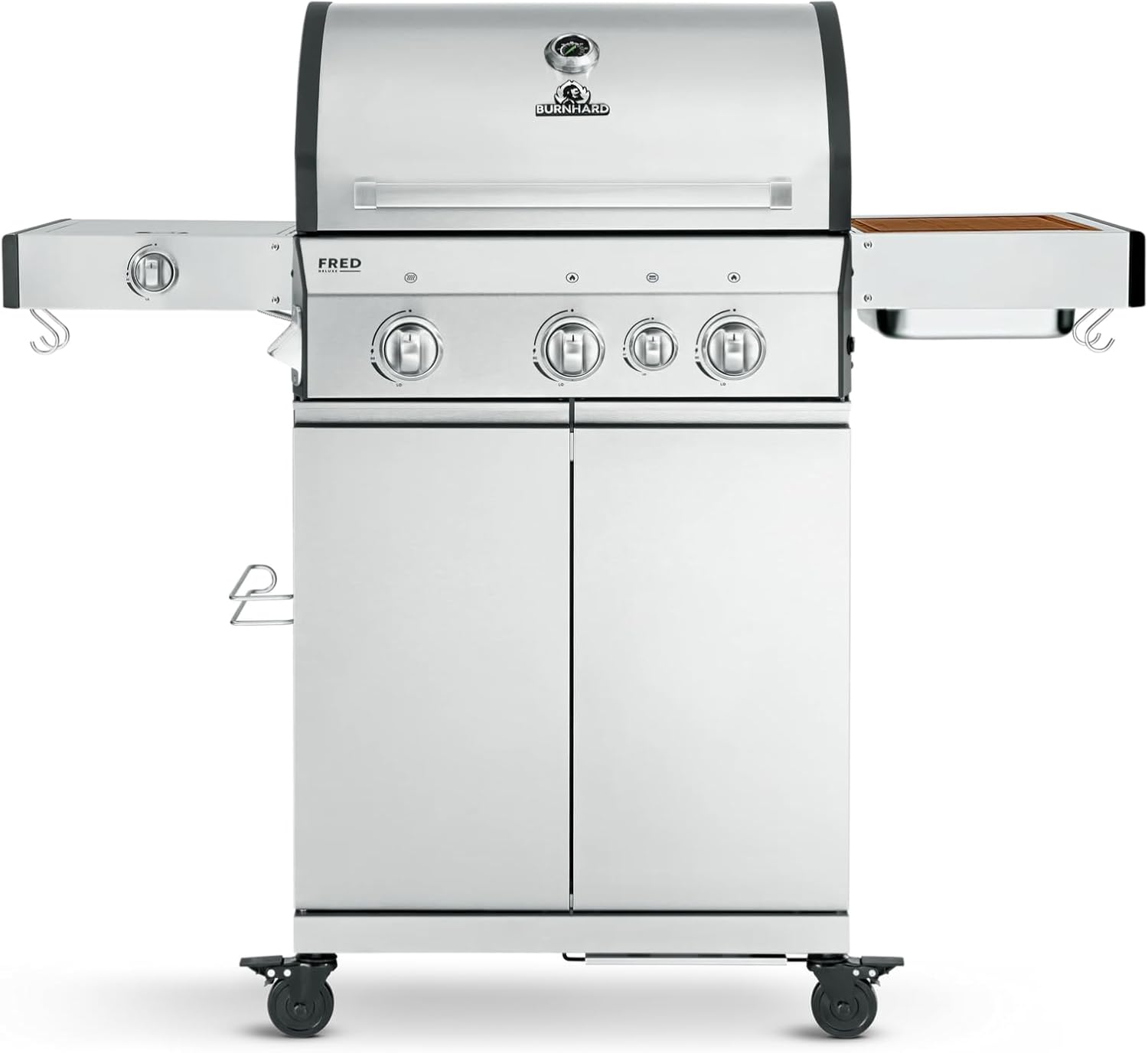 BURNHARD® Gasgrill 3-Brenner inkl. BACKBURNER, 900°C Infrarot-Keramikbrenner, Seitenkochfeld, Edelstahl-Grillrost, Grillabdeckung, Edelstahl-Grillwagen, klappbare Seitentische – FRED Deluxe