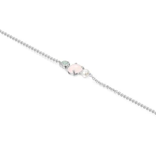 Pulseira de prata com quartzo rosa, amazonita e pérola mini colorida.