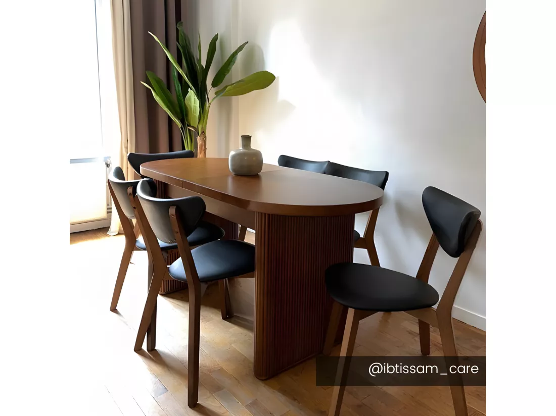 Lot de 6 chaises en simili et bois d'hévéa naturel foncé - Noir - LISETTE