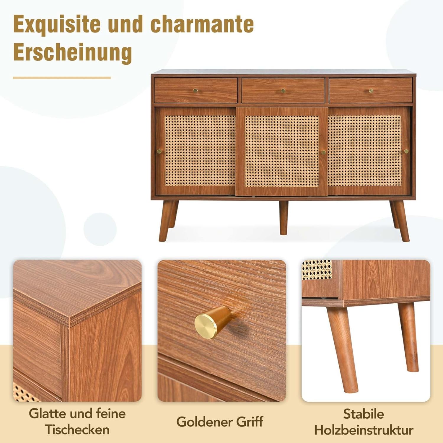KOMHTOM Sideboard Kommode mit 3 Schubladen und 3 Schiebetüren, Aufbewahrungsschrank aus Holz, Schrank für Küche, Wohnzimmer und Büro, 120 x 40 x 78 cm (A-Walnuss)