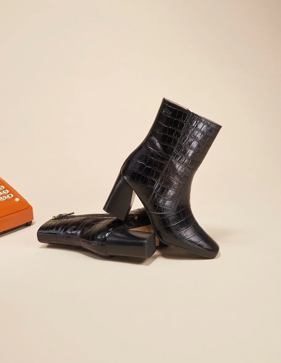 Bottines à talons Irène - Croco XL noir